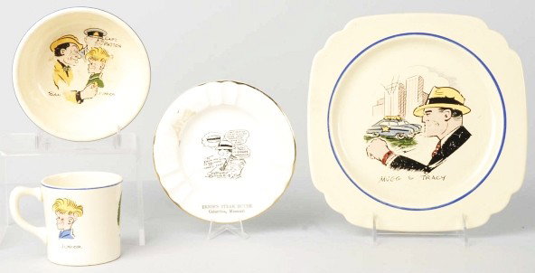 Lot of Dick Tracy Dinnerware.: Transfer decals of Dick Tracy characters on cup, bowl, and two plates. One plate marked "Sabina Line" and cup and bowl marked "Horer Laughlin". Some chips to larger plate, one crack to smaller plate, 