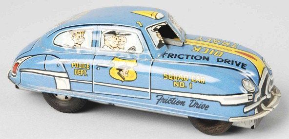 Tin Marx Dick Tracy Squad Car Friction Toy.: Working but needs flint to spark. Scarce blue color variation. Nice lithography to sides and lithographed figures in windows. Size: 6 - 1/2" L.