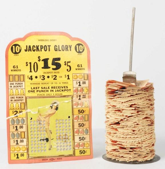 Vintage Jackpot Glory Punch Card & Ticket Pull.: Marked "Union Made" and "Whirling Derby" on top. Unused but does have some creasing and tearing in middle. Ticket pull has gambling tickets on metal base. Size: Largest: 10" T.