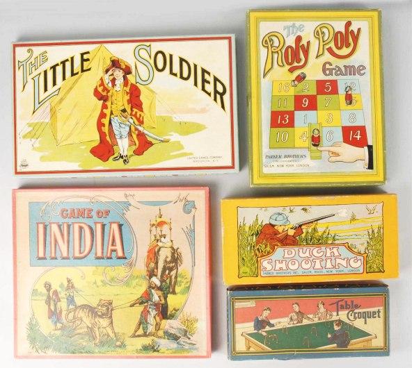 Lot of 5: Miscellaneous Board Games.: American. Includes the Little Soldier, Game of India, Duck Shooting, Table Croquet, and the Roly Poly Game. Most are complete with nice color lithography on boxes. Size: Largest Box: 17 - 1/2" x 10 - 