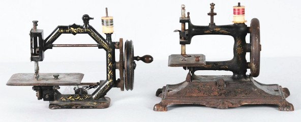 Lot of 2: Cast Iron Child's Toy Sewing Machines.: Both are working but have some paint loss. Size: Each: 10" x 8".