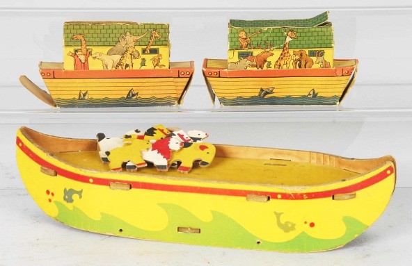 Lot of 3: Cardboard Noah's Ark Toys.: Large ark includes eight cardboard animals. All have general overall wear. Size: Largest: 14" L.
