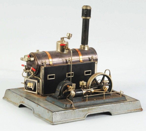 Marklin No. 4098/92/8 Horizontal Steam Engine.: This Marklin engine has a No. 3392 dynamo attached as original equipment. The engine is complete with a flyball governor, steam dome weighted safety, smokestack with spark arrestor, a steam line valve