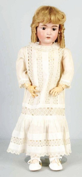German Bisque Girl.: Kestner 171 with plaster pate, sleeping eyes, replaced wig. Original Kestner jointed composition body, vintage dress. Size: 29" T.