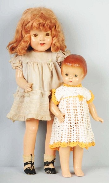 Lot of 2: Composition American Dolls.: Effanbee Patsy Ann, red molded hair, green sleeping eyes (compo has overall soil), large mama doll with cloth torso, original dress (cloudy eyes, replaced wig, heavy crazing and cracking on arms and l