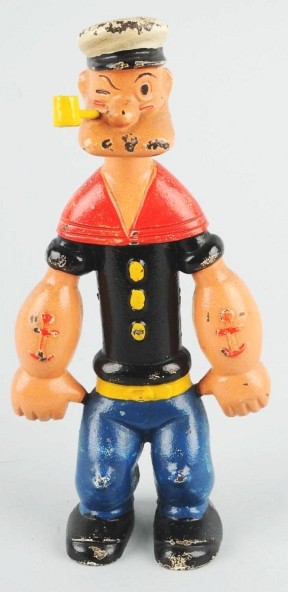 Cast Iron Popeye Doorstop.: Hubley, cat. #328. Marked "(c) 1929 King Features Syn. Made in USA". Replaced pipe. Size: 9" T.