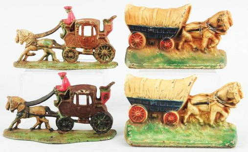 Lot of 2: Cast Iron Bookends.: Includes Conestoga Wagon with Horses by Hubley numbered "302" and Royal Coach with Horses marked "Copyright 1931, Champion Hardware Co.". Size: Largest: 6" x 3 - 1/4".