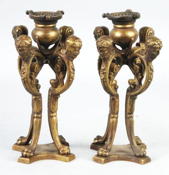 Pair of Bronze Tiffany Candlesticks Copies.: Marked "Tiffany Studios New York #1201". Not original Tiffany items. Size: Each: 10" T.