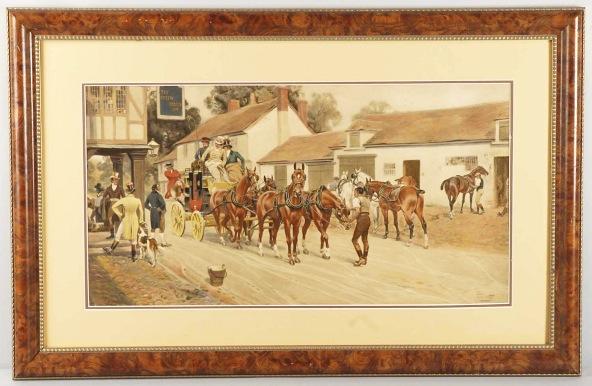 The Green Dragon Inn Print with Horses.: Nice image. Size: Framed: 32 - 3/4" x 21".