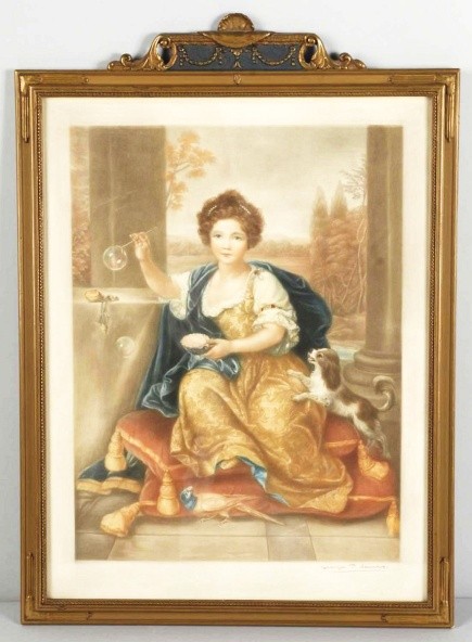 "Anne Louise Bened" Mezzotint By George P. James: Signed. Vintage frame. Depicts Anne blowing bubbles while dog barks at her side. Size: Framed: 20 - 1/4" x 14 - 1/2".
