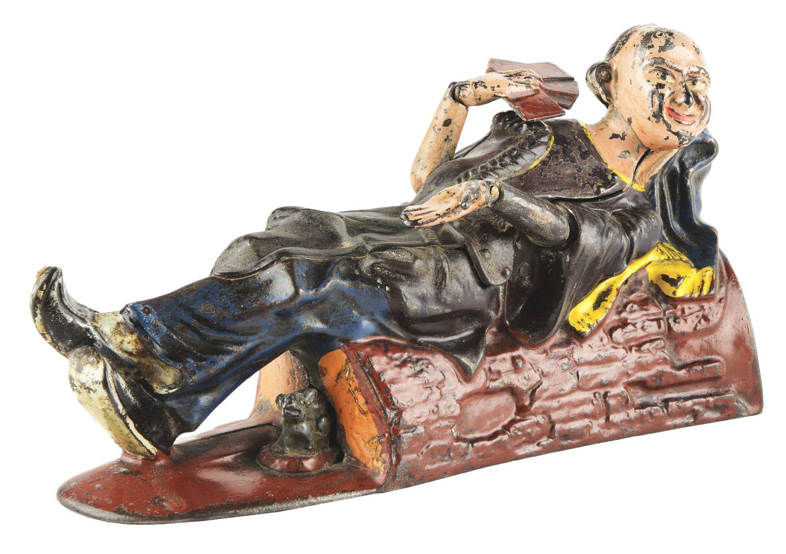 RECLINING CHINAMAN MECHANICAL BANK.: This Reclining Chinaman mechanical bank shows that a left arm has been replaced as well as the trap. Condition: (Very Good Plus). Dimensions: 8 - 1/4" x 2 - 1/2" 4 - 1/2".