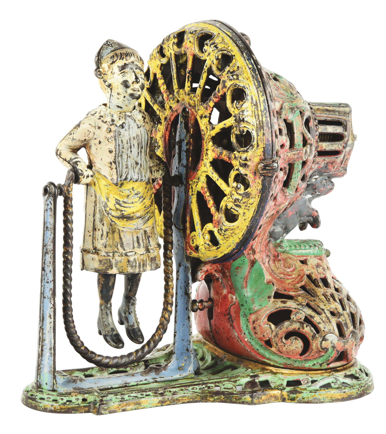 J. E. STEVENS GIRL SKIPPING ROPE MECHANICAL BANK. (1 of 9)