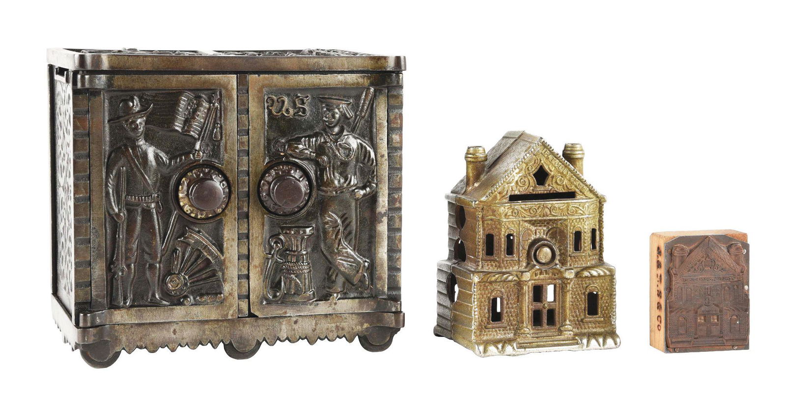 LOT OF 3: KENTON AND J. E. STEVENS CAST IRON SAFE BANKS (1 of 3)