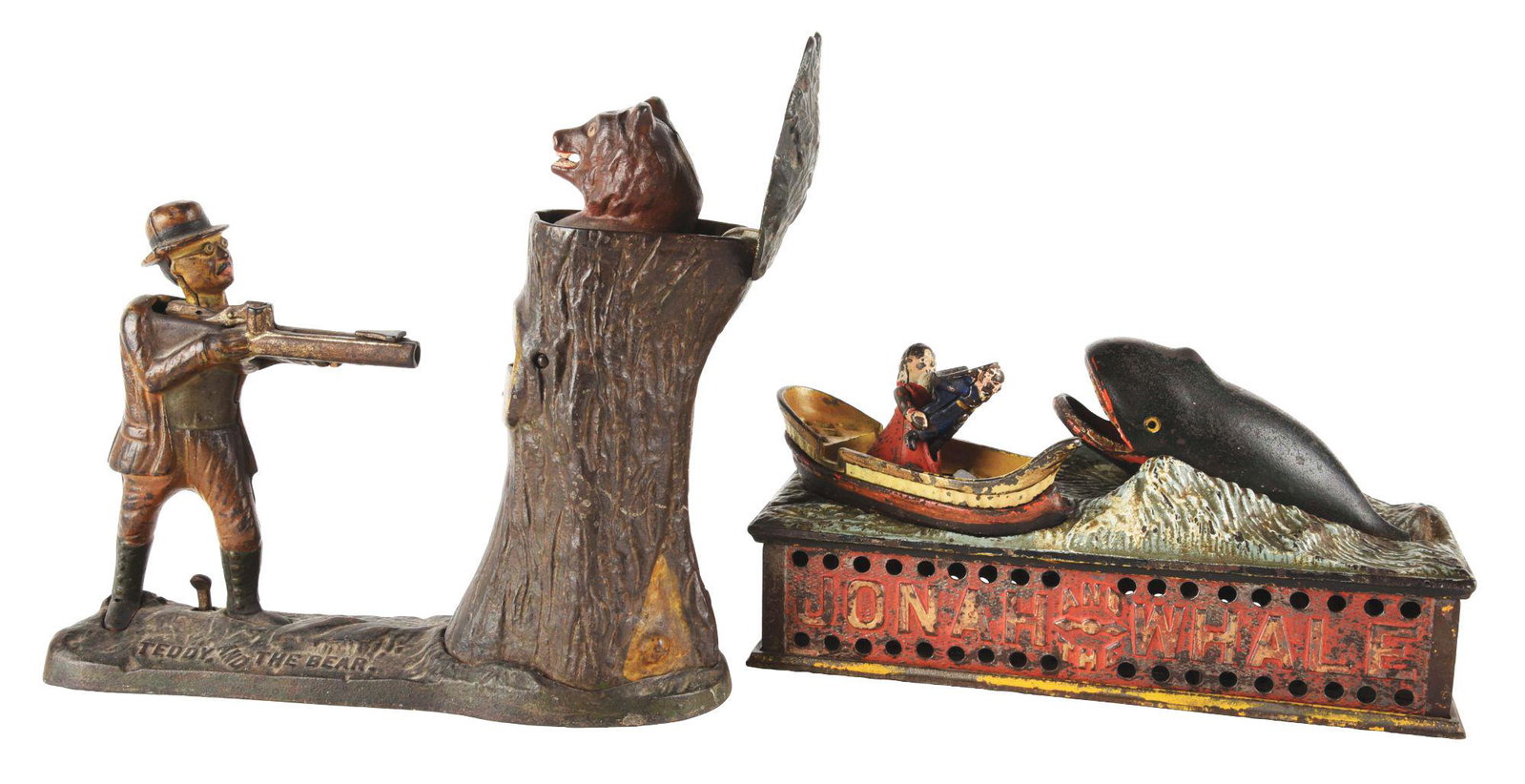 LOT OF 2: TEDDY & THE BEAR AND JONAH & THE WHALE: Lot of two mechanical banks. First is a Teddy and the Bear mechanical bank, needs cleaning and missing trap, but is original. Second is a Jonah and the Whale with broken tail and cracked boat. Conditi