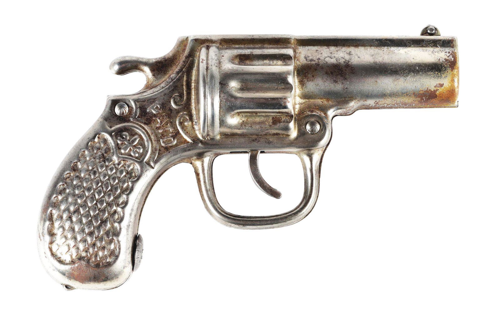 RICHARD ELLIOT CO. CAST IRON PISTOL MECHANICAL BANK.: Richard Elliot Co. cast iron mechanical bank with pressed steel. Condition: (Excellent). Dimensions: 5 - 1/2" x 4 - 1/2" x 1 - 1/2".