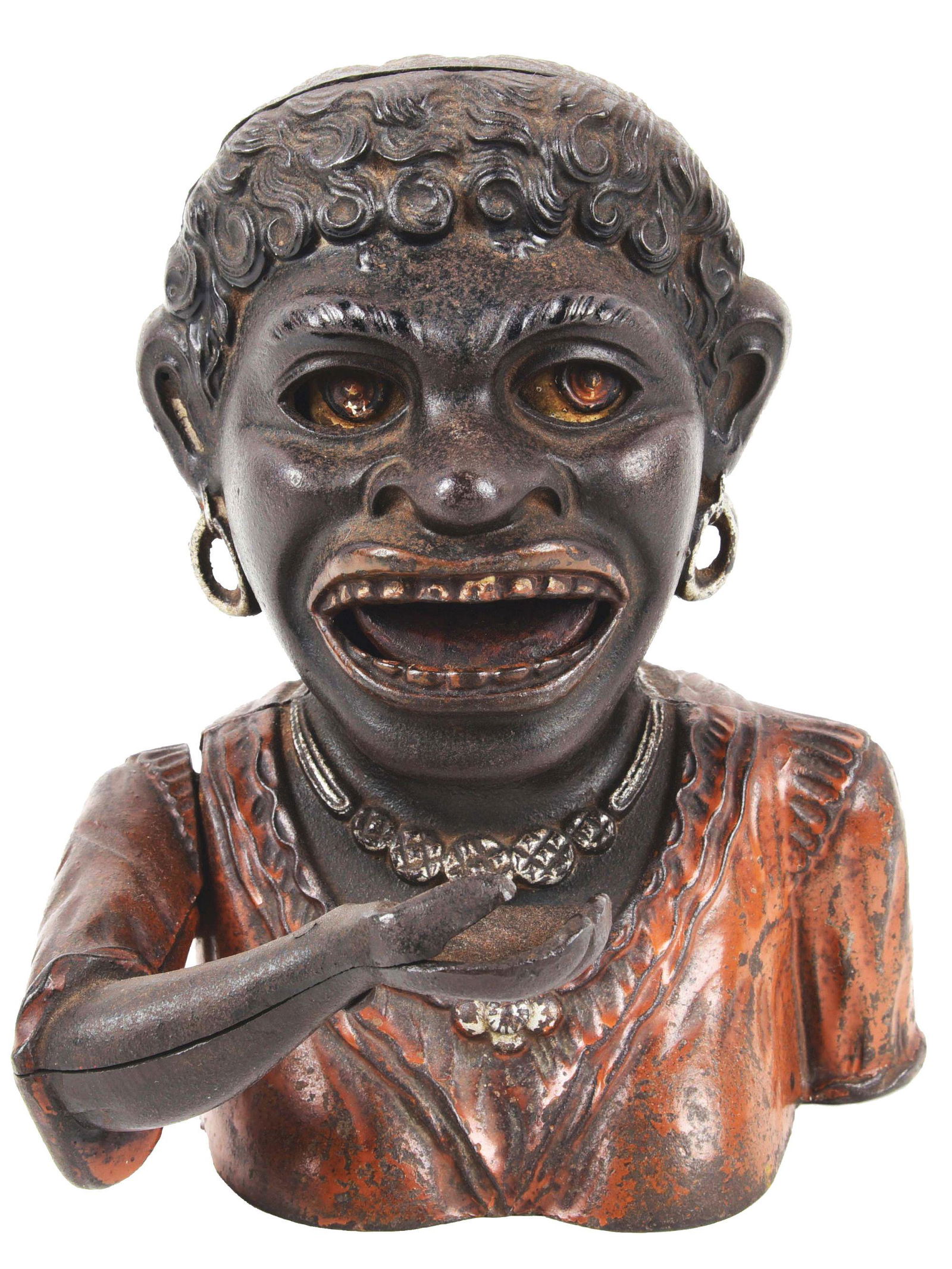 J. HARPER DINAH JOLLY "N" CAST IRON MECHANICAL BANK.: Nice original example in scarce orange shirt variation and in working condition. Condition: (Good - Very Good). Dimensions: Largest: 5 - 1/2" x 5 - 1/2" x 6".