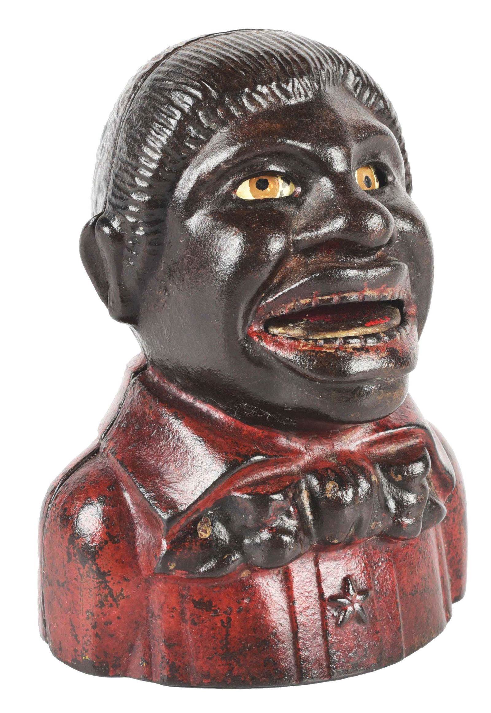 UNCLE TOM WITH STAR AND NO LAPELS CAST IRON BANK. (1 of 5)