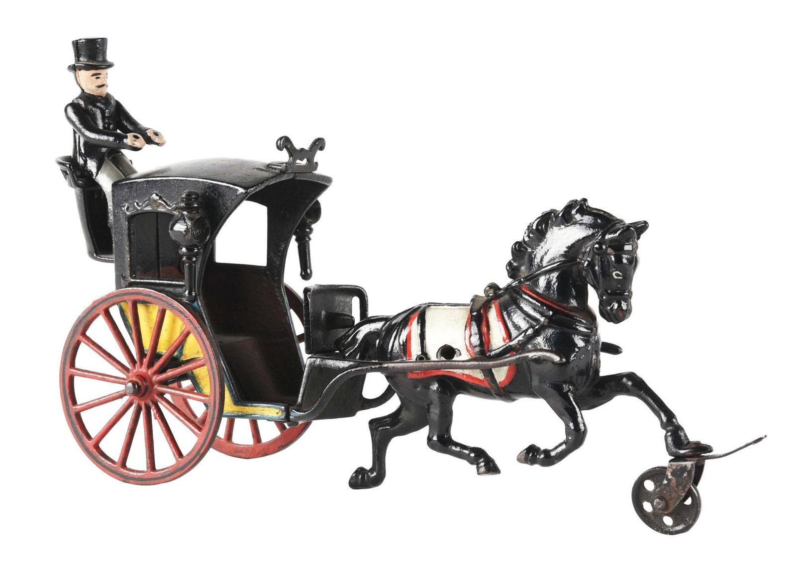 PRATT & LETCHWORTH HANSOM CAB CAST IRON HORSE DRAWN.: Cast iron horse drawn Hansom Cab made by Pratt & Letchworth. The cab has been repainted, the figure has been replaced and there is also an incorrect front pull / wheel. Condition: (Restored). Dimensio