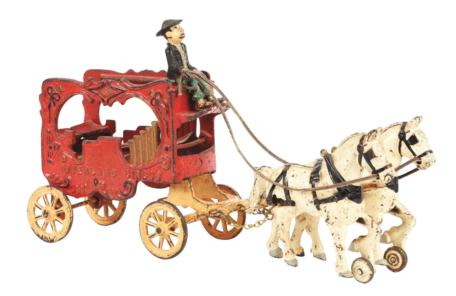 EARLY CAST IRON HORSE DRAWN OVERLAND CIRCUS WAGON. (1 of 3)
