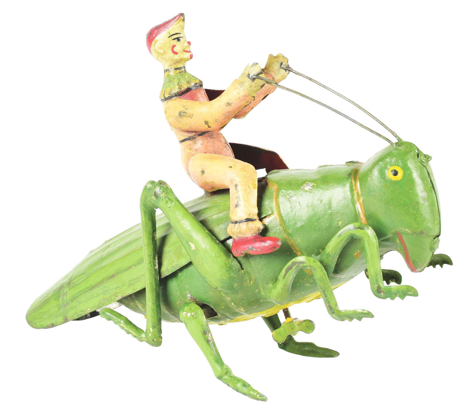 GERMAN HANDPAINTED WIND-UP CLOWN RIDING GRASSHOPPER (1 of 5)