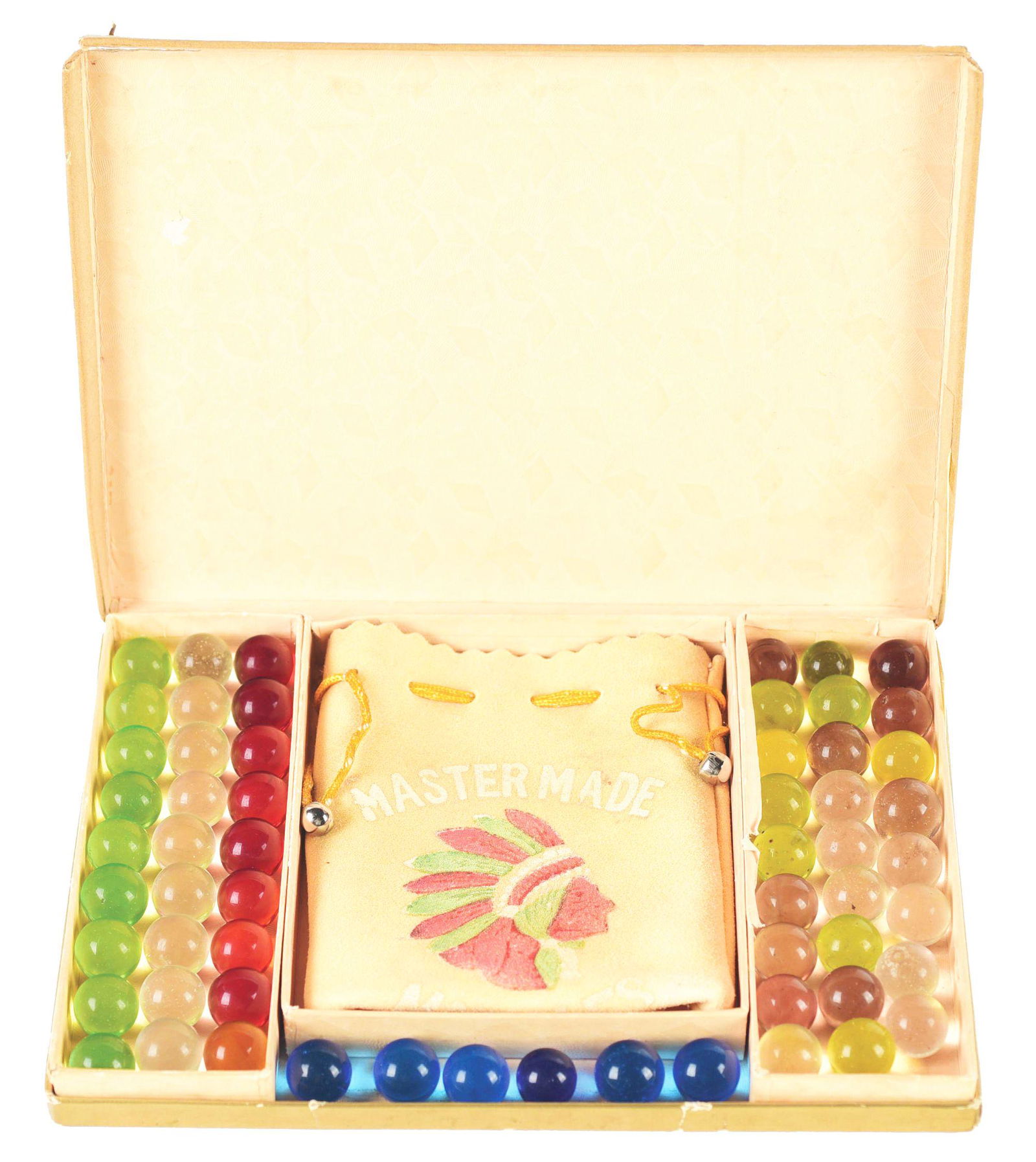 MASTER MARBLE COLLEGE COLLECTION BOX SET.: Box contains all clearie marbles with original bag. Box top has two front corners that are separated, overall good box condition. Condition: (9.5). Dimensions: 5/8" Dia.