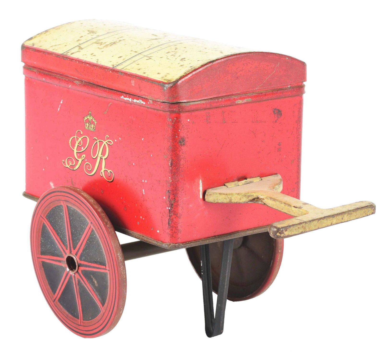 MIDDLEMASS POST OFFICE HANDCART BISCUIT TIN.: Middlemass biscuit tin in the form of a post office handcart. A bright red square box with beige folding handle, beige top, on two wheels with a stand. Has the "GR" with a crown above on each side, re