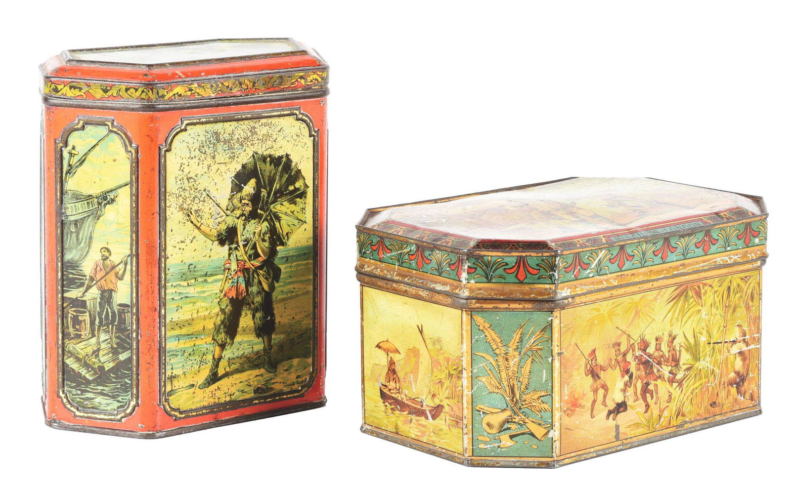 LOT OF 2: ENGLISH ROBINSON CRUSOE-THEMED BISCUIT TINS. (1 of 6)