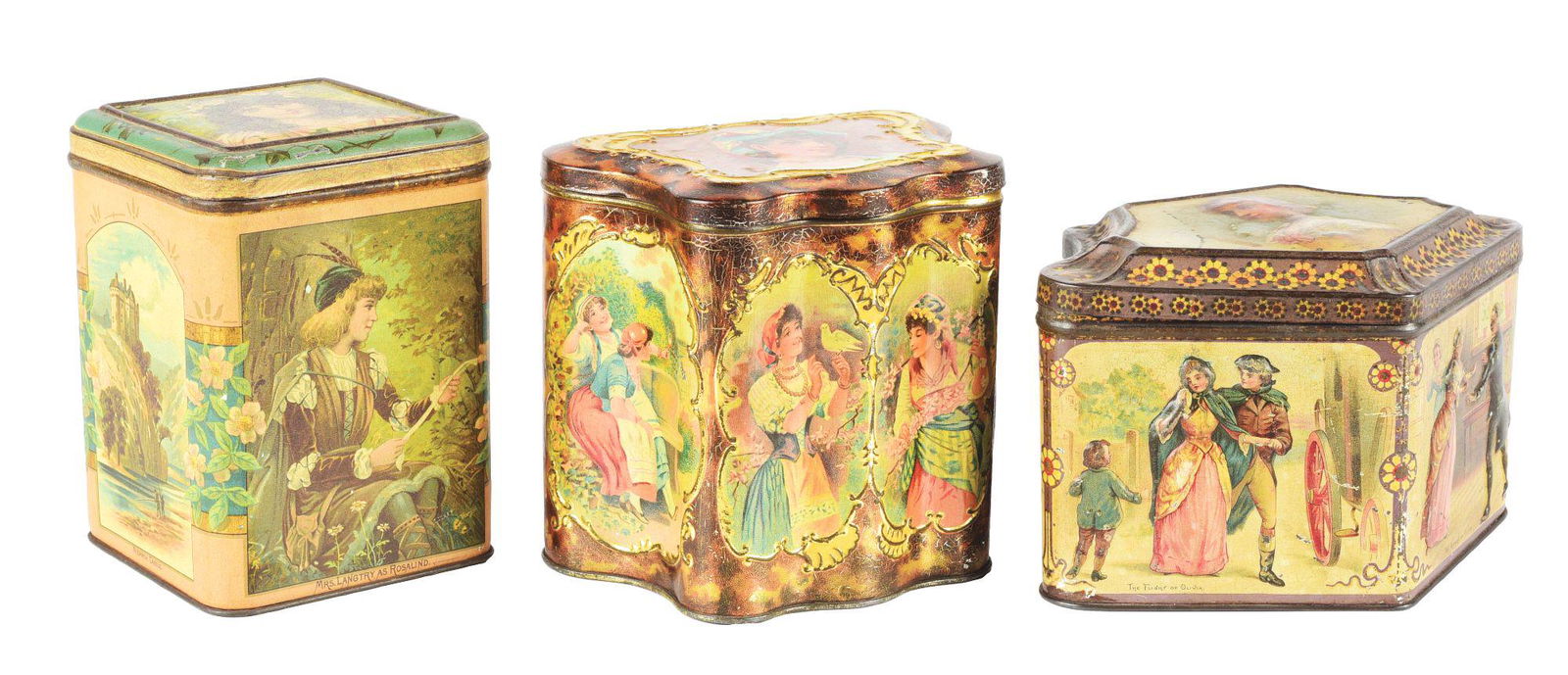 LOT OF 3: BISCUIT TINS.: Lot of three biscuit tins. The first is a New York Biscuit Company, c. 1891, featuring three famous actresses on it: Mary Anderson, Miss Ellen Terry and Misses Langtry. There are just a few marks on t