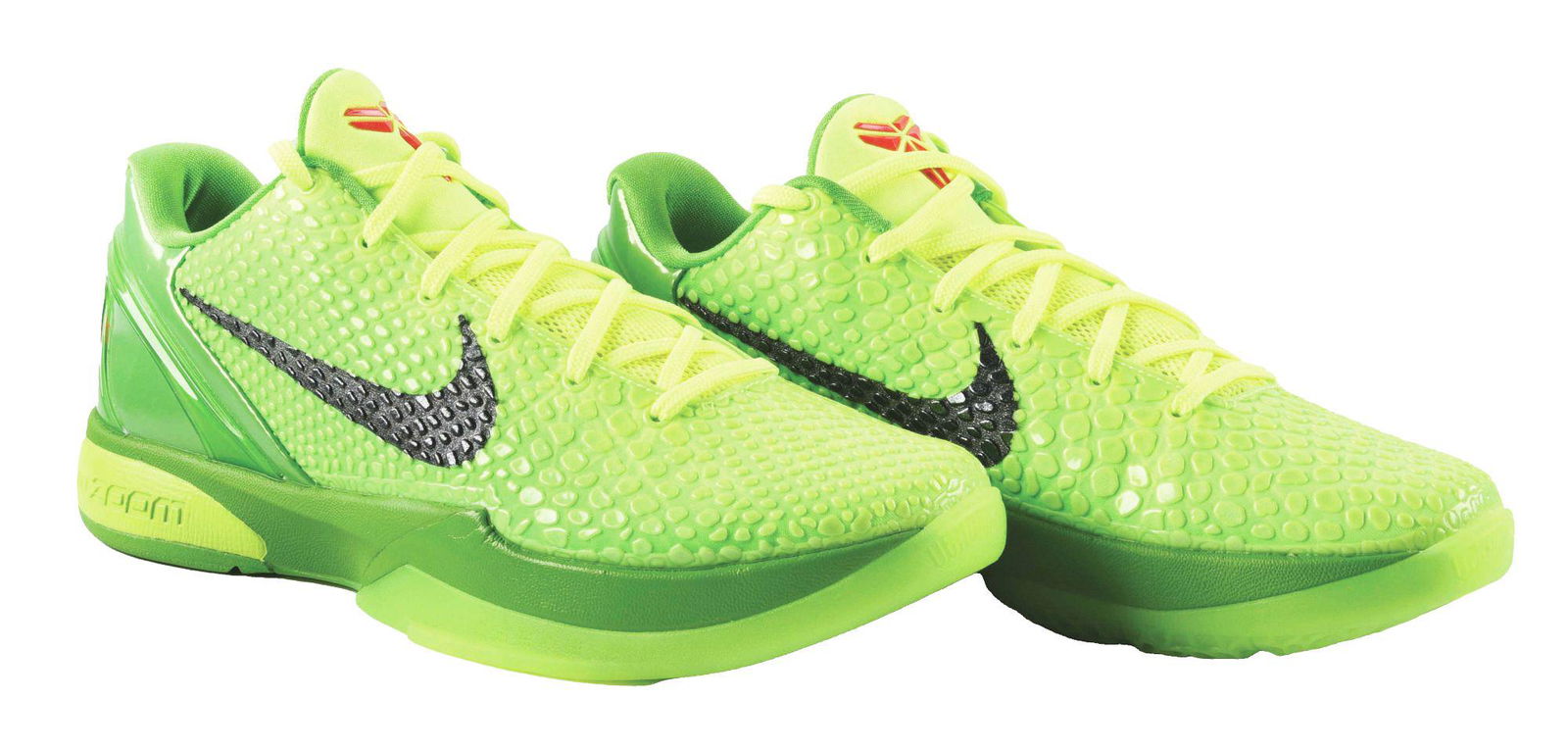 KOBE VI PROTRO GRINCH 2020.: Released on Christmas Eve of 2020, when Nike refreshed the original Kobe Grinch design that released in 2011. The sneakers have a green apple and crimson black colorway. These are size 10, Stock X Cer