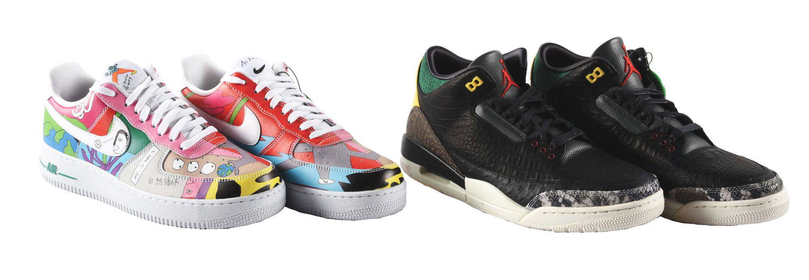 LOT OF 2: NIKES.: First is a pair of Air Force 1s, these are the Ruohan Wangs. Size 10 - 1/2. Second pair are Jordan 3s the Animal Instinct 2.0s. Size 11. Both are Stock X authenticated, unworn, 100% guaranteed origina