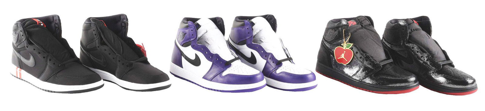 LOT OF 3: JORDAN 1'S HIGH TOP SNEAKERS.: Lot of three high top Jordan 1's, all in size 9.5. The first pair is in Black-Black/Challenge Red, the second pair is in Court Purple/Black-White and the third pair is in Black/Varsity Red-Black-White