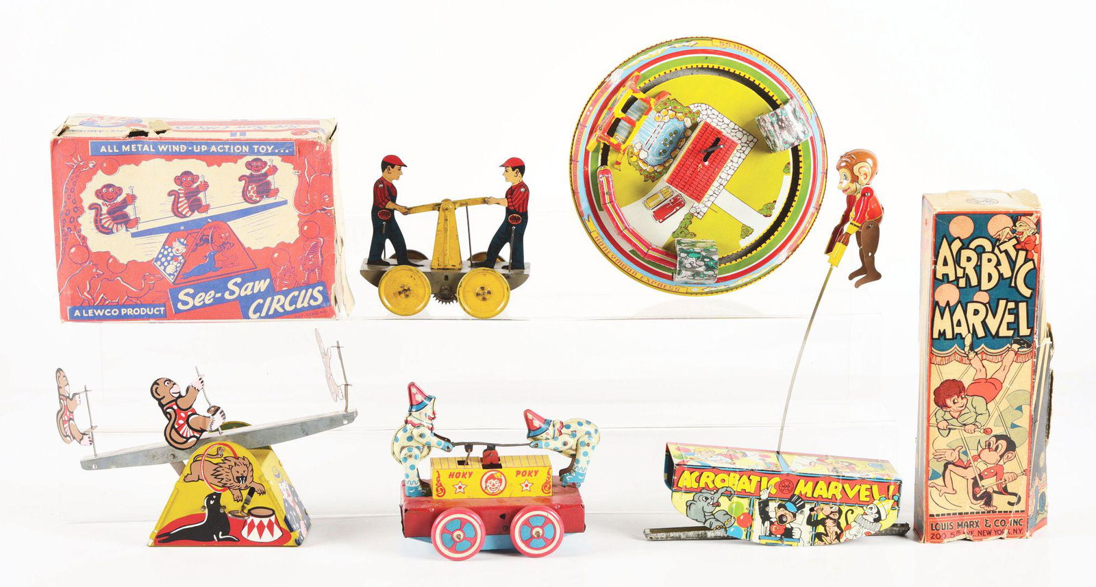 LOT OF 5: VARIOUS AMERICAN MADE TIN LITHO WIND-UP TOYS. (1 of 2)