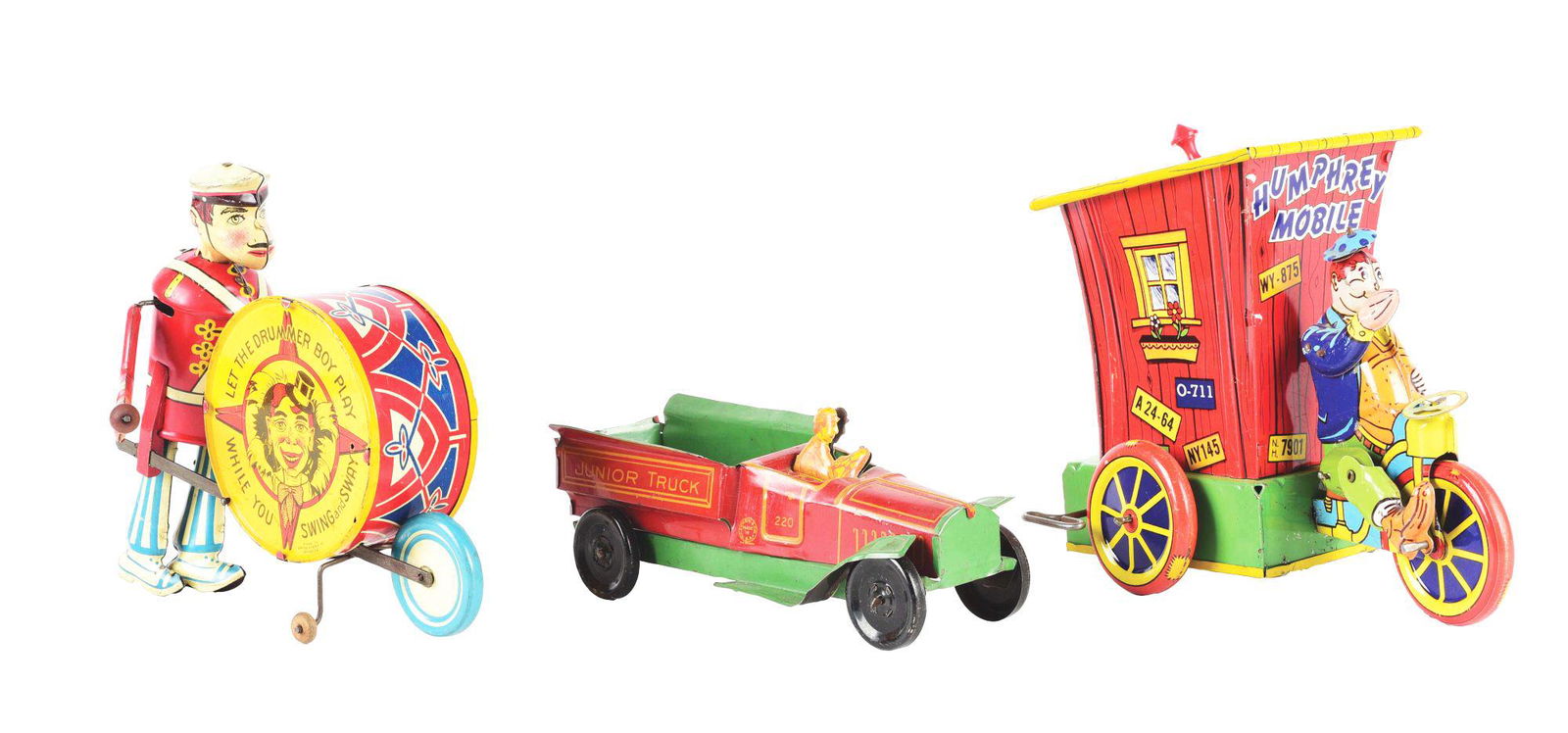 LOT OF 3: AMERICAN MADE TIN LITHO AND PUSH TOYS.: Wyandotte Humphrey Mobile with original hat, backdoor, and plastic pipe on top. Marx George the Drummer - Let the Drummer Boy Play with some wear, scratching to drum, and one small dent in the rim of