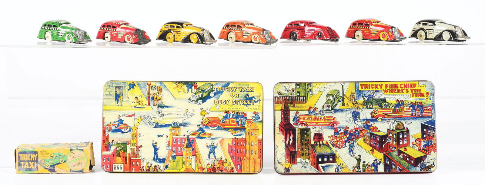 LOT OF 9: TRICKY TAXI CARS AND TINS. (1 of 4)