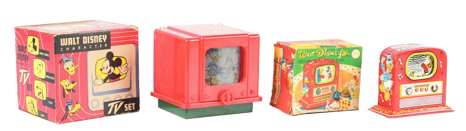 LOT OF 2: WALT DISNEY TIN LITHO AND PLASTIC TELEVISION: Both in original boxes. One is a plastic American made wind-up TV set by Automatic Toy Works, showing screen on front with Disney characters in animated motion. The second is a Japanese tin litho toy