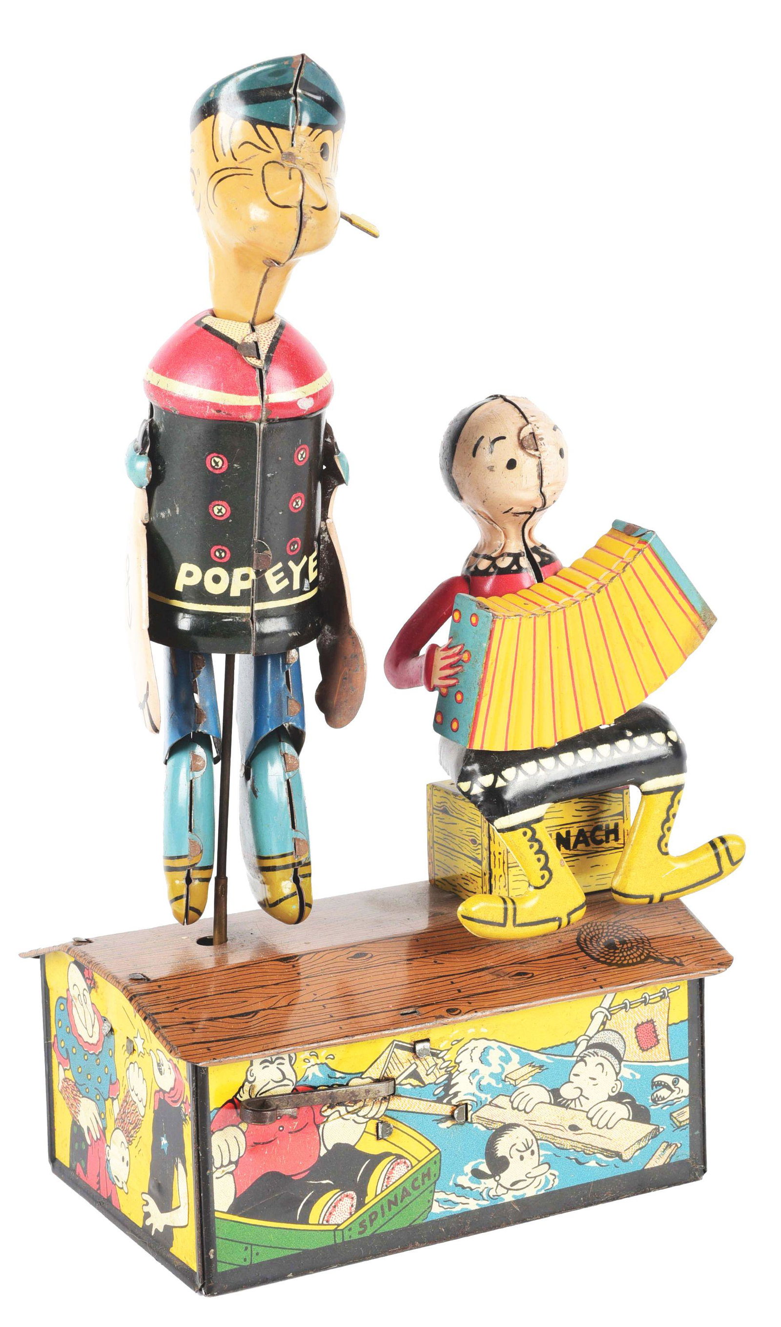 MARX TIN LITHO WIND-UP POPEYE AND OLIVE OYL ROOFTOP: Looks to be all original, including pipe and arms. Olive Oyl is missing original coil bun. Nice lithography of Popeye characters around base. Provenance: From the Collection of William L. Hibdon & Gar