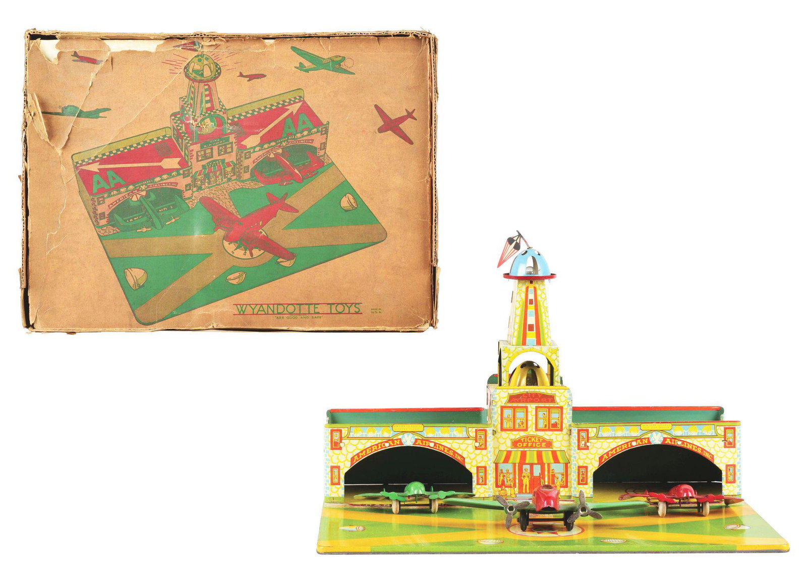 WYANDOTTE PRESSED STEEL NO. 505 AIPORT TOY.: Includes scarce original box with colorful depiction of airport and airplanes on front. Box lid has tears, creasing and is incomplete. Marked "All Metal Products Wyandotte U.S.A.". Tin litho airport w