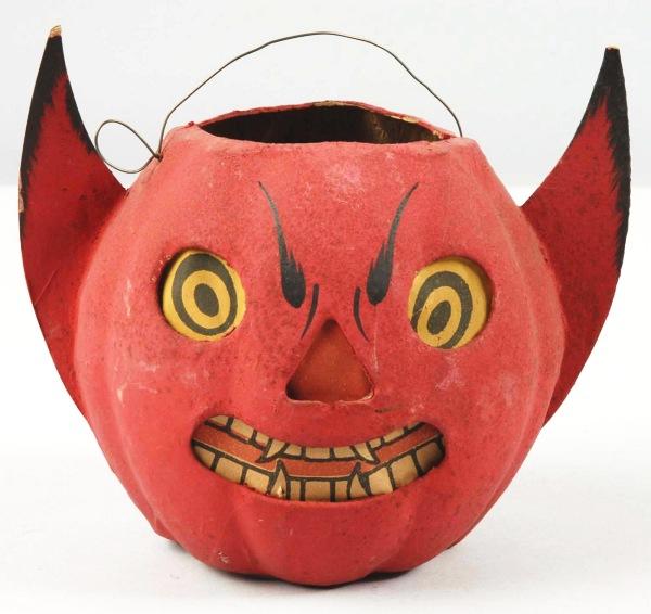 German Halloween Devil Jack-O-Lantern.: Original paper inserts. No bottom. Size: 5 - 1/4" T.