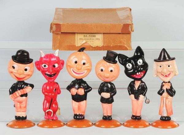 Set of 6 Rare Celluloid Halloween Nodders.: Set includes one witch, one devil, one cat, and three pumpkin heads. Difficult-to-find in a complete set of six. This set is old store stock and has never been used. Includes original box with origina