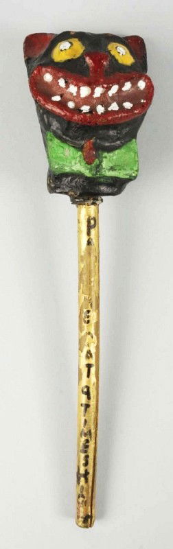 Papier Mache Cat on Stick Noisemaker.: Some of the gold paint is worn off of the stick. Size: 14" L.