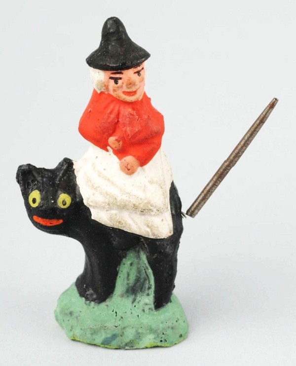 Composition Witch Riding Cat with Spring Tail.: Rare in this size. Size: 2 - 1/2" T.