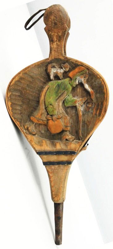 Hand-Carved Wooden Bellows.: Very unusual. Depicting a witch with very long nose carrying an orange jack-o-lantern and cat on her back. Size: 14" T.