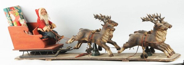 Schoenhut Good Old Santa Claus with Sleigh.: Superb large store display was featured in the 1914 illustrated catalog and price list for the Schoenhut company. Listed as a "Grand attraction for the Holidays". Came with sleigh and four carved rein