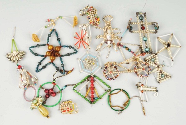 Lot of 19: Beaded Christmas Ornaments.: Includes two bikes, one scorpion, one airplane, one butterfly, two bugs, and others. Size: