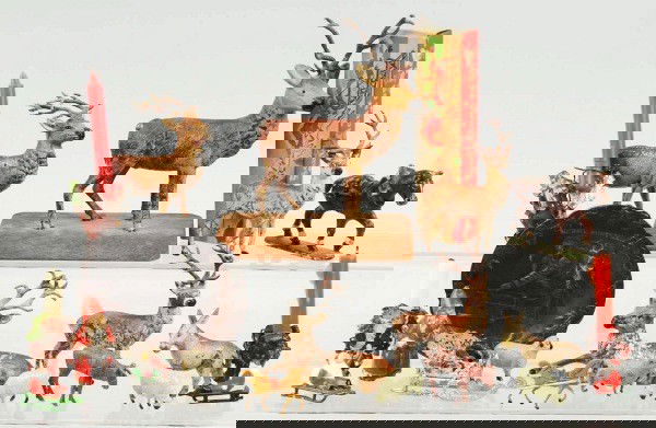 Lot of 20+ Metal Christmas Decorations.: Includes five antlered deer, three Santa candle clip-ons, angel, three Santa with reindeer, donkey, and others. Size: