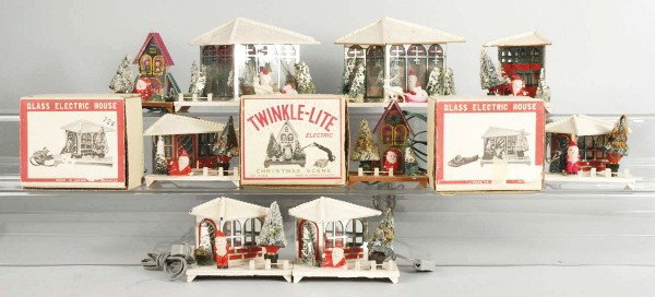 Lot of 9: Electrified Light-Up Houses.: Includes three original boxes. Size: Largest: 8" L.