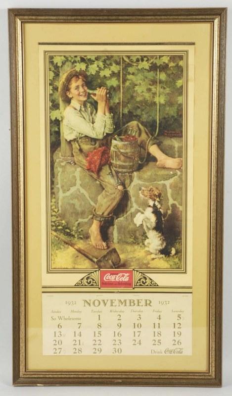 Coca-Cola 1932 Calendar.: Framed under glass. Metal strip and November page only. Small closed tear to top center, otherwise, light edge wear and one small punch near border. 24 - 1/2" x 12". (Very Good Plus).