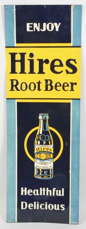 Tin Hires Root Beer Sign.: Depicts an early bottle of Hires Root Beer. Some superficial dents throughout the sign but paint has no flaking or rust. 27 - 1/2" x 9 - 1/2". (Excellent).