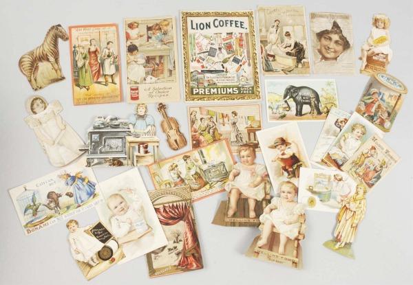 Lot of 25+ Cardboard Trade Cards.: Includes many with children and/or beautiful ladies, several Clark's Spool Cotton, one for Lion Coffee, and others. Nice color lithography throughout. Largest: 6 - 3/4" x 5 - 1/4". (Excellent).