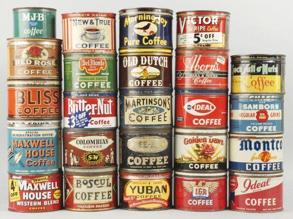 Lot of 24: Coffee Tins.: Includes Victor, Old Dutch, Bliss, Maxwell House, Golden Dawn, Butter-Nut, Red Rose, Morning Joy, Ideal, and others. General wear overall. Largest: 5" T. (Very Good).